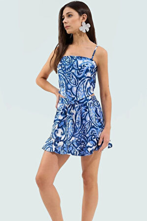 Kadın Askılı Mini Bluz Etek Takımı Şal Desenli Yazlık Plaj Giyim Özenle Seçilmiş Konforlu Kesim