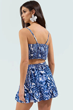 Kadın Askılı Mini Bluz Etek Takımı Şal Desenli Yazlık Plaj Giyim Özenle Seçilmiş Konforlu Kesim