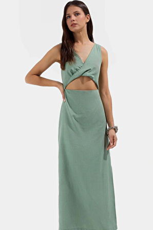 Astarlı Viskoz Maxi Elbise A Kesim Bisiklet Yaka Cut Out Detay Yazlık Özel Tasarım Trend