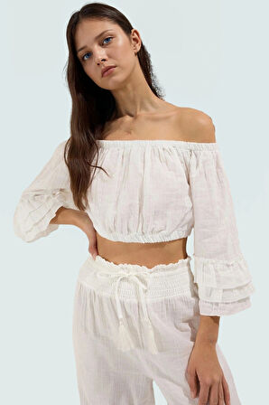 Rahat ve Şık Plaj Takımı Pamuklu Bluz Pantolon Carmen Yaka Uzun Kollu Kaliteli İşçilik