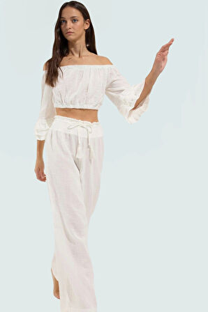 Rahat ve Şık Plaj Takımı Pamuklu Bluz Pantolon Carmen Yaka Uzun Kollu Kaliteli İşçilik