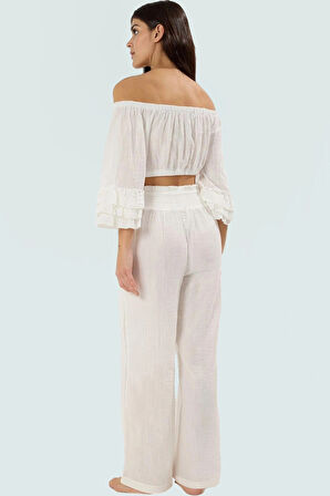 Rahat ve Şık Plaj Takımı Pamuklu Bluz Pantolon Carmen Yaka Uzun Kollu Kaliteli İşçilik