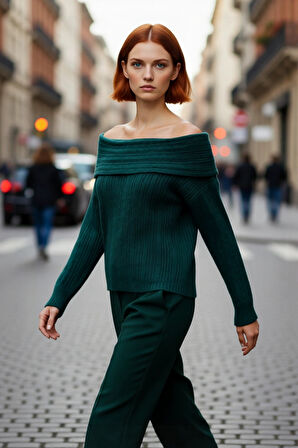 Kadın Uzun Kollu Fitilli Triko Kazak Carmen Yaka Regular Kalıp Şık Gündüz Gece Kombinleri Kaliteli