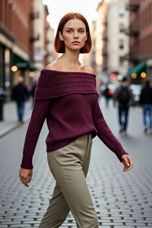 Kadın Uzun Kollu Fitilli Triko Kazak Carmen Yaka Regular Kalıp Şık Gündüz Gece Kombinleri Kaliteli