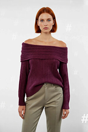 Kadın Uzun Kollu Fitilli Triko Kazak Carmen Yaka Regular Kalıp Şık Gündüz Gece Kombinleri Kaliteli