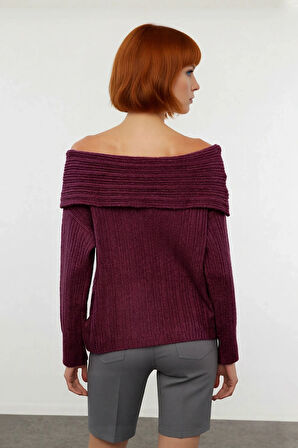 Kadın Uzun Kollu Fitilli Triko Kazak Carmen Yaka Regular Kalıp Şık Gündüz Gece Kombinleri Kaliteli