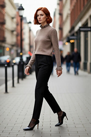 Kadın Casual Regular Kalıp Ajurlu Dik Yaka Bağcıklı Standart Kollu Triko Kazak Soğuk Havalar İçin