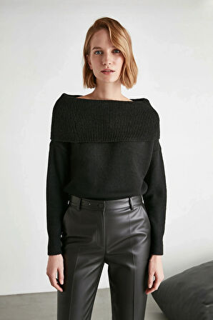 Kadın Triko Kışlık Kazak Regular Kalıp Uzun Kollu Carmen Yaka Günlük ve Şık Kombinler İçin