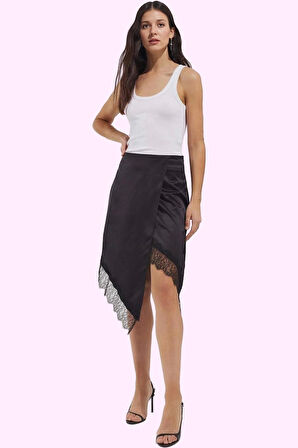 Kadın Parti Etek Saten Midi Boy Anvelop Kesim Dantel Detay Günlük Kullanım Kaliteli Malzeme