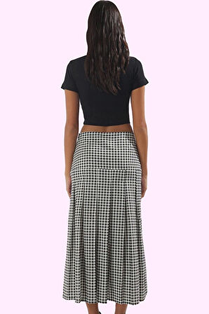 Kadın Ekoseli Midi Etek Pamuk Dokuma Kumaş A line Günlük Kullanım Yaz Aylarının Vazgeçilmezi