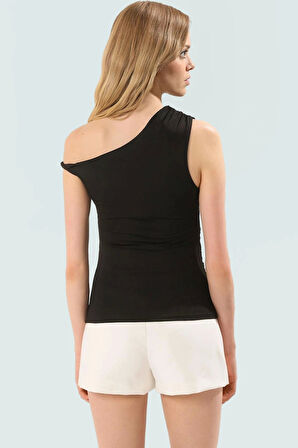 Rahat ve Şık Asimetrik Yaka Örme Bluz Polyester Elastan Karışımı Modern Stil Dayanıklı Malzeme