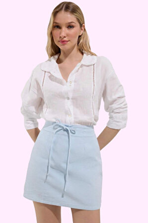 Kadın Basic Denim Mini Etek Yazlık Pamuklu Keten Karışımı Şık Günlük Kullanım Modern Tasarım