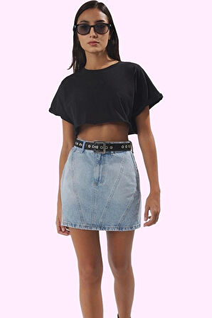 Kadın Care Koleksiyonu Denim Etek Pamuk Rigid Dokuma Mini Boy Günlük Kullanım Modern Tasarım