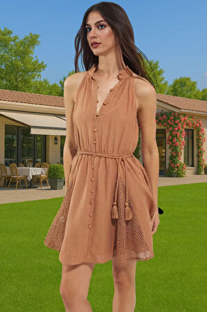 Şık Kadın Mini Elbise Müslin Kumaşlı Yazlık Plaj Dayanıklı Malzeme Seçkin Malzeme Zarifane Tasarım