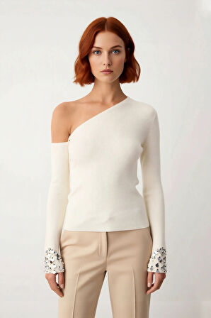 Kadın Triko Asimetrik Yaka Kol Ucu Payetli Şık Rahat Kesim Düşük Kazak İlkbahar Sonbahar