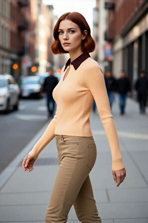 Kadın Fitted İnce Polo Yaka Triko Body Kazak Fitilli Dokuma Basic Siluet ile Günlük Şıklık