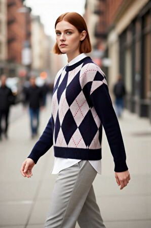 Kadın Oversize Baklava Desenli Bisiklet Yaka Triko Kazak Günlük Kombinlerde Şıklığı Tamamlıyor