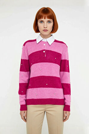 Kadınlara Özel Çizgili Polo Yaka Taş İşlemeli Triko Kazak Oversize Kesim Düşük Kol Kış Giyim