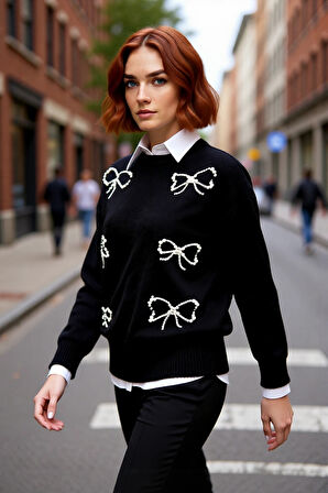 Kadın Modern İncili Fiyonk İşlemeli Triko Kazak Regular Kalıp Bisiklet Yaka Günlük Şık Giyim