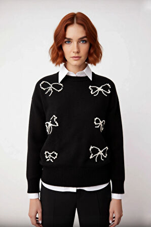 Kadın Modern İncili Fiyonk İşlemeli Triko Kazak Regular Kalıp Bisiklet Yaka Günlük Şık Giyim