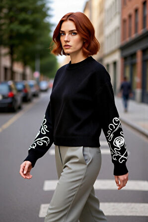 Kadın Basic Rahat Kalıp Akrilik Materyal İşlemeli Kollu Triko Kazak Kışlık Casual Giyim Seçimi