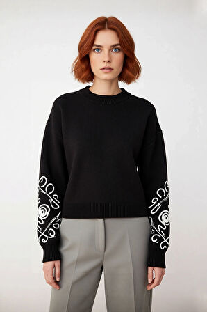 Kadın Basic Rahat Kalıp Akrilik Materyal İşlemeli Kollu Triko Kazak Kışlık Casual Giyim Seçimi