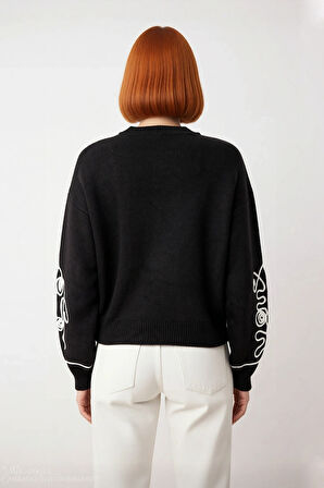 Kadın Basic Rahat Kalıp Akrilik Materyal İşlemeli Kollu Triko Kazak Kışlık Casual Giyim Seçimi