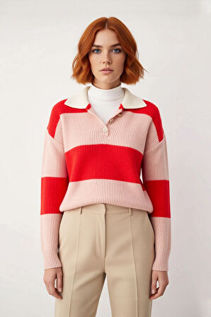 Kadın Polo Yaka Düşük Kol Triko Kazak Renk Bloklu Tasarımıyla Kış Kombinlerinize Modern Dokunuş