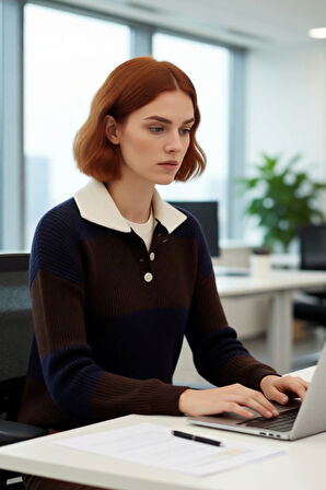 Kadın Polo Yaka Düşük Kol Triko Kazak Renk Bloklu Tasarımıyla Kış Kombinlerinize Modern Dokunuş