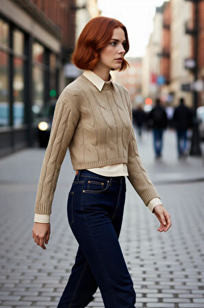 Kadın Süper Crop Triko Kazak Regular Kesim Gömlek Garnili Kışlık Akrilik Saç Örgü Detaylı Kaliteli