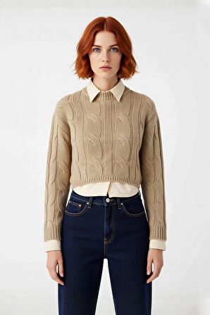 Kadın Süper Crop Triko Kazak Regular Kesim Gömlek Garnili Kışlık Akrilik Saç Örgü Detaylı Kaliteli