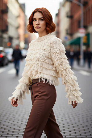 Kadın Standart Kol Püsküllü Triko Kazak Dokulu Yüzey Bisiklet Yaka Günlük Şık Kombinler İçin