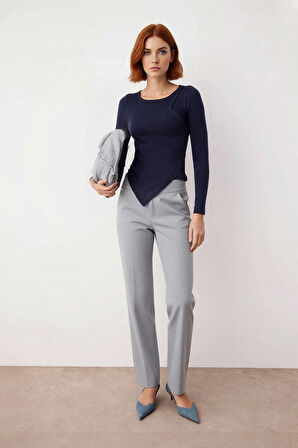 Kadın Premium İplik Lacivert Triko Kazak Şık Fitted Asimetrik Detaylı İlkbahar Sonbahar Kaliteli