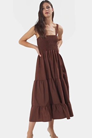 Rahat ve Şık Maxi Elbise Terrycotton Kare Yaka Astarlı Yaz Trend Tasarım Özenle Seçilmiş