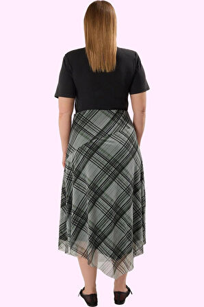 Kadın Büyük Beden Ekose Desenli Esnek Örme Midi Etek Tül Dantel Detaylı Günlük Özel Günler