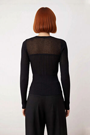 Kadın Özel İplikli Merserize Görünümlü Transparan Ajurlu Bisiklet Yaka Triko Kazak Kaliteli