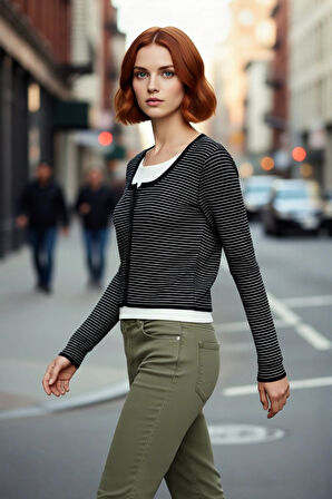 Kadın Cool Comfort Basic Çizgili Regular Kalıp Uzun Kol Triko Crop Hırka Günlük Stili Kaliteli