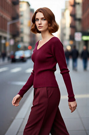 Kadın İnce Triko Fitted Kazak Ajurlu V Yaka Uzun Standart Kol İlkbahar Sonbahar Stili Kaliteli