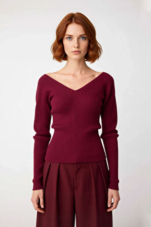 Kadın İnce Triko Fitted Kazak Ajurlu V Yaka Uzun Standart Kol İlkbahar Sonbahar Stili Kaliteli