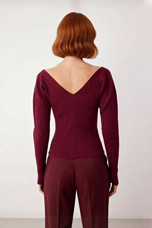 Kadın İnce Triko Fitted Kazak Ajurlu V Yaka Uzun Standart Kol İlkbahar Sonbahar Stili Kaliteli