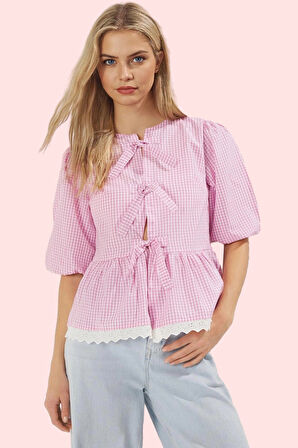 Kadın Regular Kalıp Ekose Terrycotton Gömlek Bisiklet Yaka Günlük Kombinler Modern Tasarım