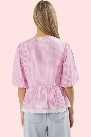 Kadın Regular Kalıp Ekose Terrycotton Gömlek Bisiklet Yaka Günlük Kombinler Modern Tasarım