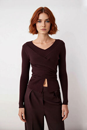 Kadınlar İçin V Yaka Düz Desen Uzun Kollu Fitted Triko Kazak İlkbahar Sonbahar Güncel Trendler