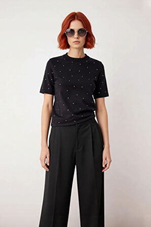 Kadın Günlük Şık Regular Kesim Taş Detaylı Kısa Kol Bisiklet Yaka Triko Bluz İlkbahar İçin