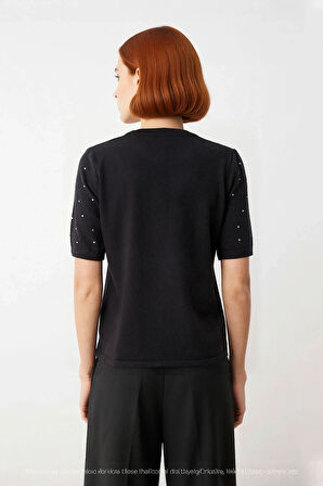 Kadın Günlük Şık Regular Kesim Taş Detaylı Kısa Kol Bisiklet Yaka Triko Bluz İlkbahar İçin