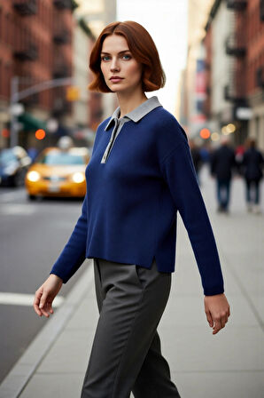 Kadın Yumuşak Dokulu Triko Kazak Oversize Kesim Polo Yaka Detaylı Kışlık Konforlu Giyim Ürünü