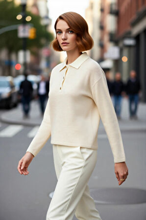 Kadın Yumuşak Dokulu Triko Kazak Oversize Kesim Polo Yaka Detaylı Kışlık Konforlu Giyim Ürünü