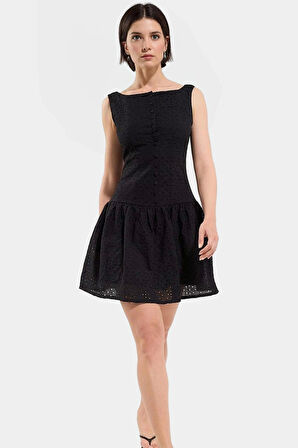 Dokuma Pamuklu Mini Elbise Astarlı Bel Detaylı 86cm Boy Kaliteli İşçilik Zarifane Tasarım