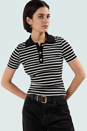 Yazlık Nefes Alan Poliviskon Kaşkorse Bluz Çizgili Polo Yaka Kaliteli İşçilik