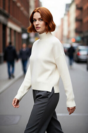 Kadın Oversize Kalın Triko Kazak Gri Rengi ve Dik Yaka Tasarımıyla Kış Kombinlerinin Yıldızı